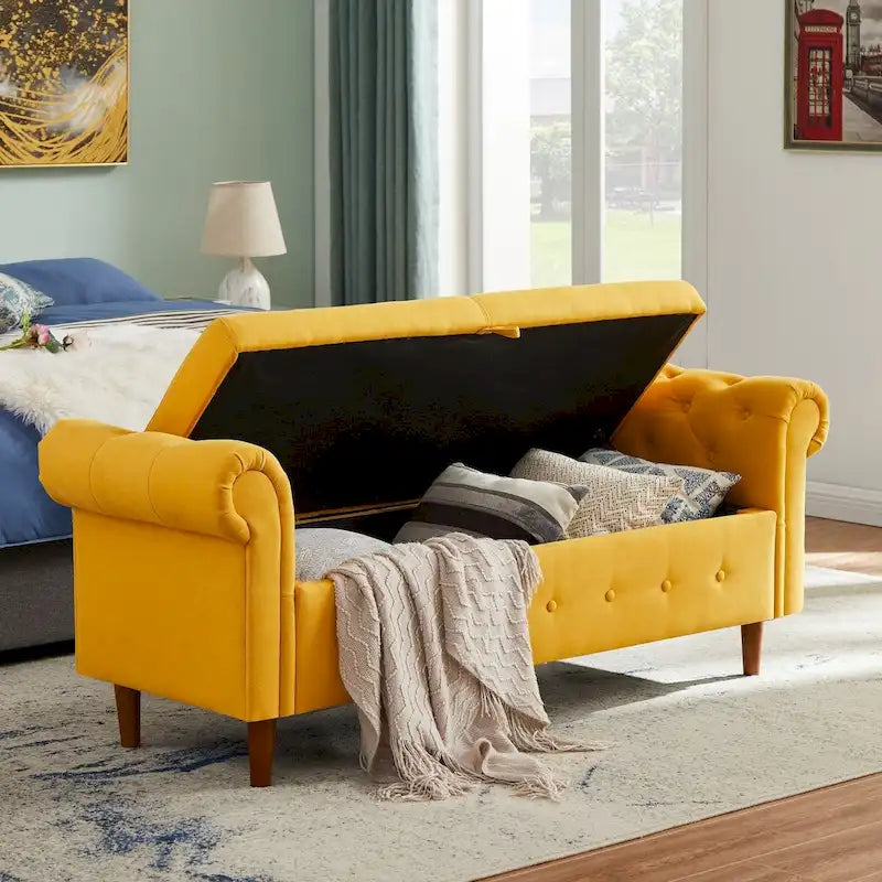Banc de rangement pour chambre, bout de lit, accoudoirs roulés, canapé ottoman en velours, long banc