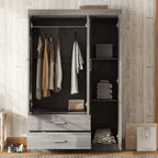 Armoire-penderie 3 portes avec miroir, étagères et 2 tiroirs