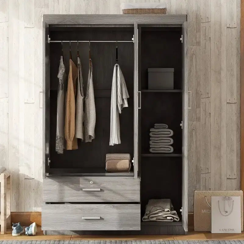Armoire-penderie 3 portes avec miroir, étagères et 2 tiroirs