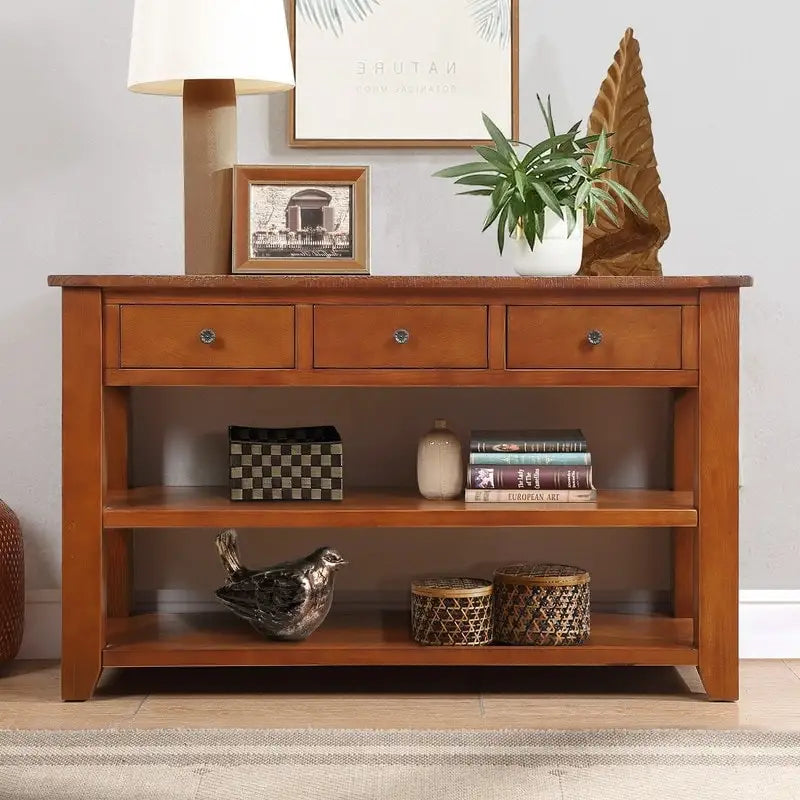 Console en bois avec 3 tiroirs de rangement et 2 étagères