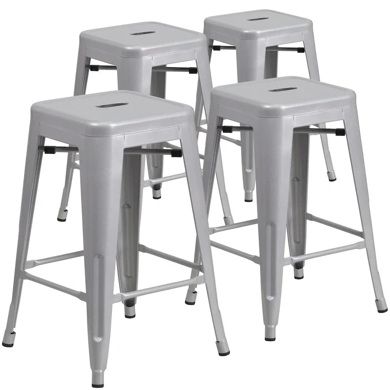 Lot de 4 tabourets de comptoir sans dossier en métal de 61 cm, pour l'intérieur ou l'extérieur, avec assise carrée
