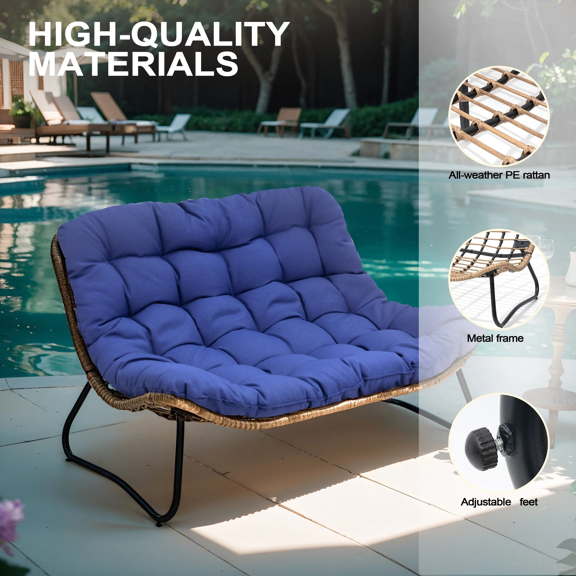 Fauteuil Double Papasan avec Coussin, en Rotin PE Résistant aux Intempéries et Cadre en Métal pour Intérieur et Extérieur