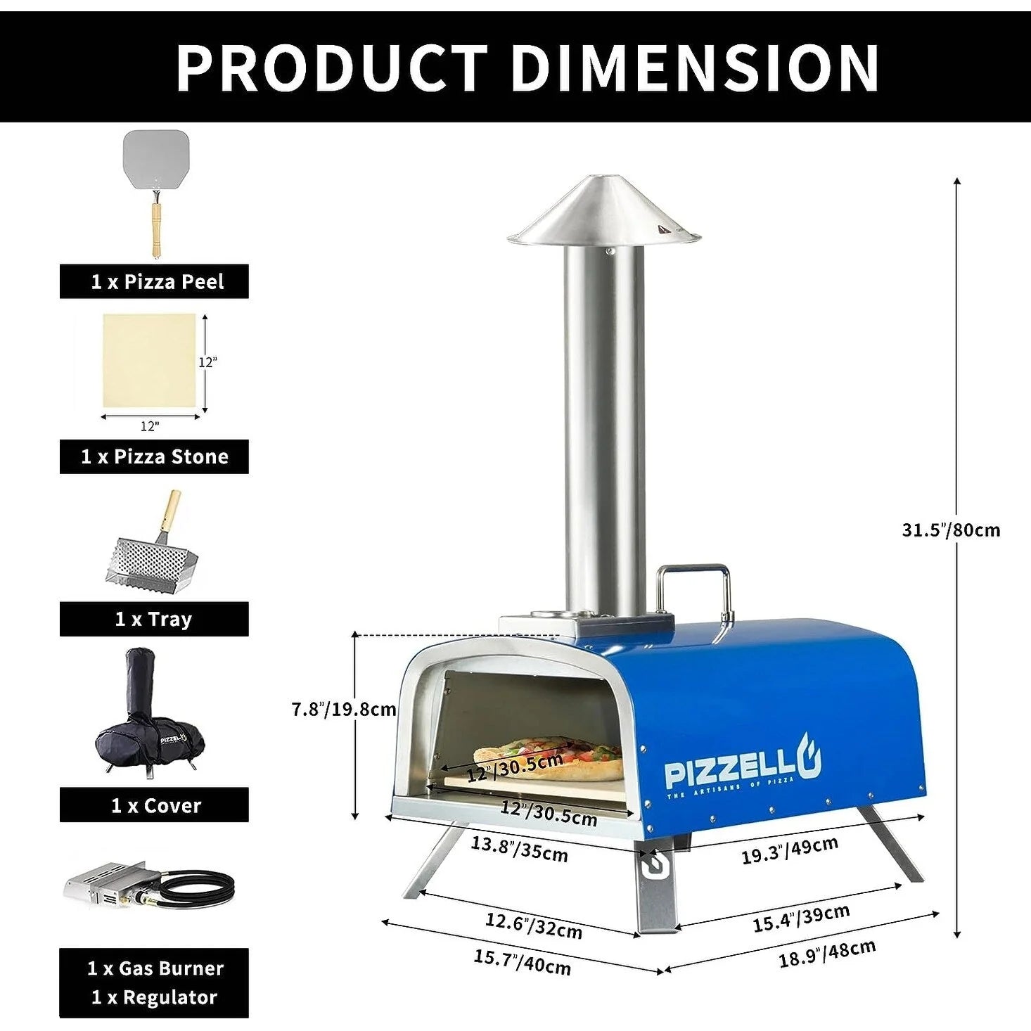 Four à pizza d'extérieur multi-combustibles avec brûleur à gaz et boîte à bois - 30 cm