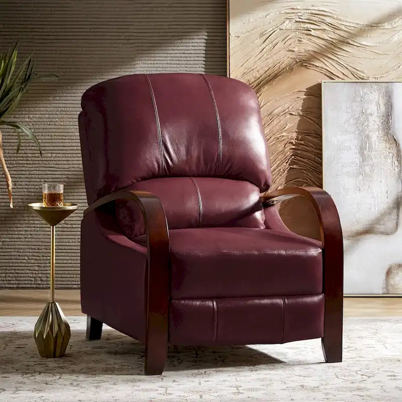 Fauteuil inclinable manuel Alex Mid-century Modern Cigar en cuir véritable avec accoudoirs incurvés en bois