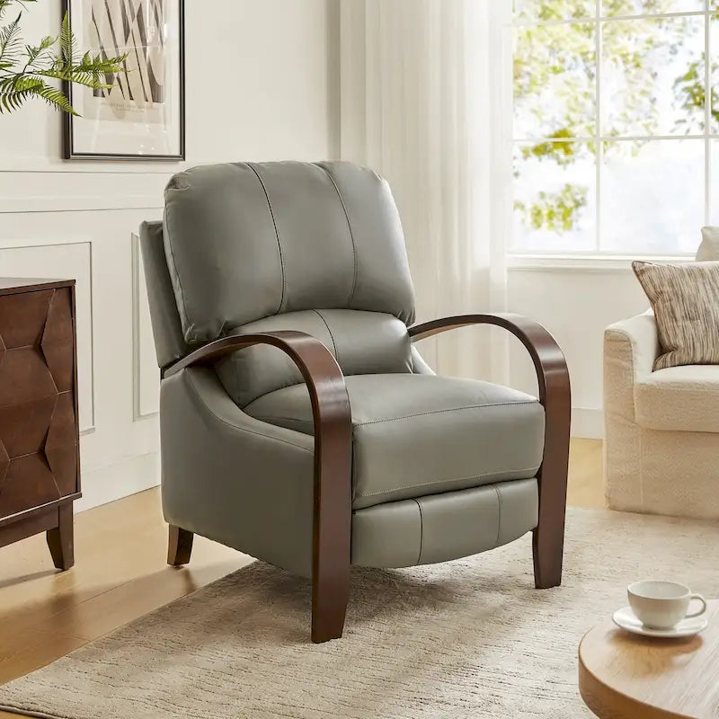 Fauteuil inclinable manuel Alex Mid-century Modern Cigar en cuir véritable avec accoudoirs incurvés en bois