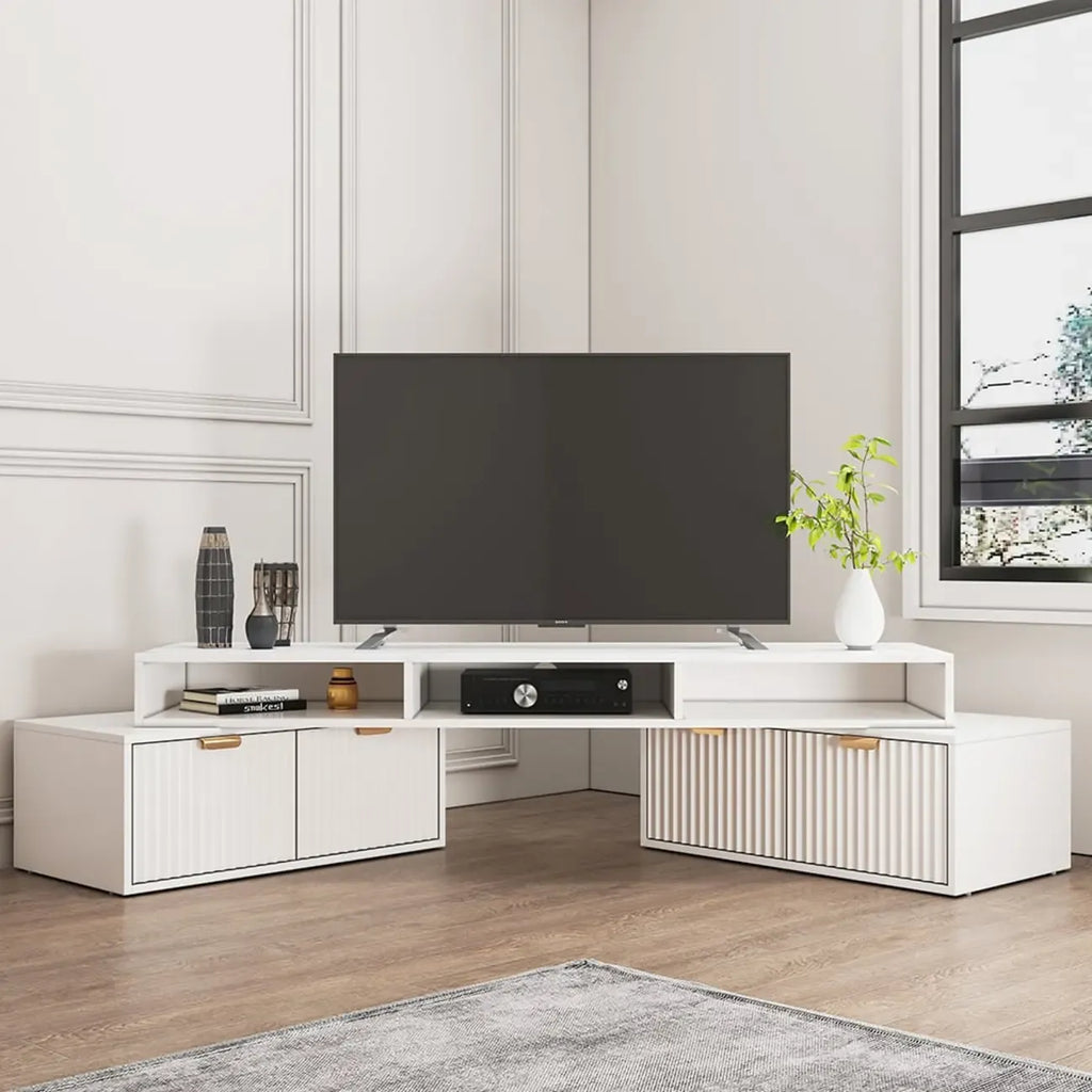 Meuble TV d'angle moderne blanc avec 2 tiroirs et étagère ouverte