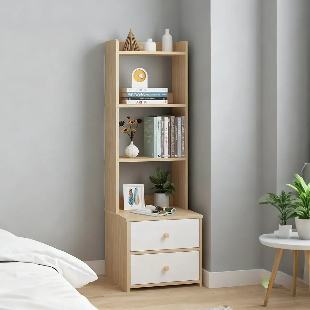 Table de chevet moderne haute en bois avec étagères spacieuses et 2 tiroirs