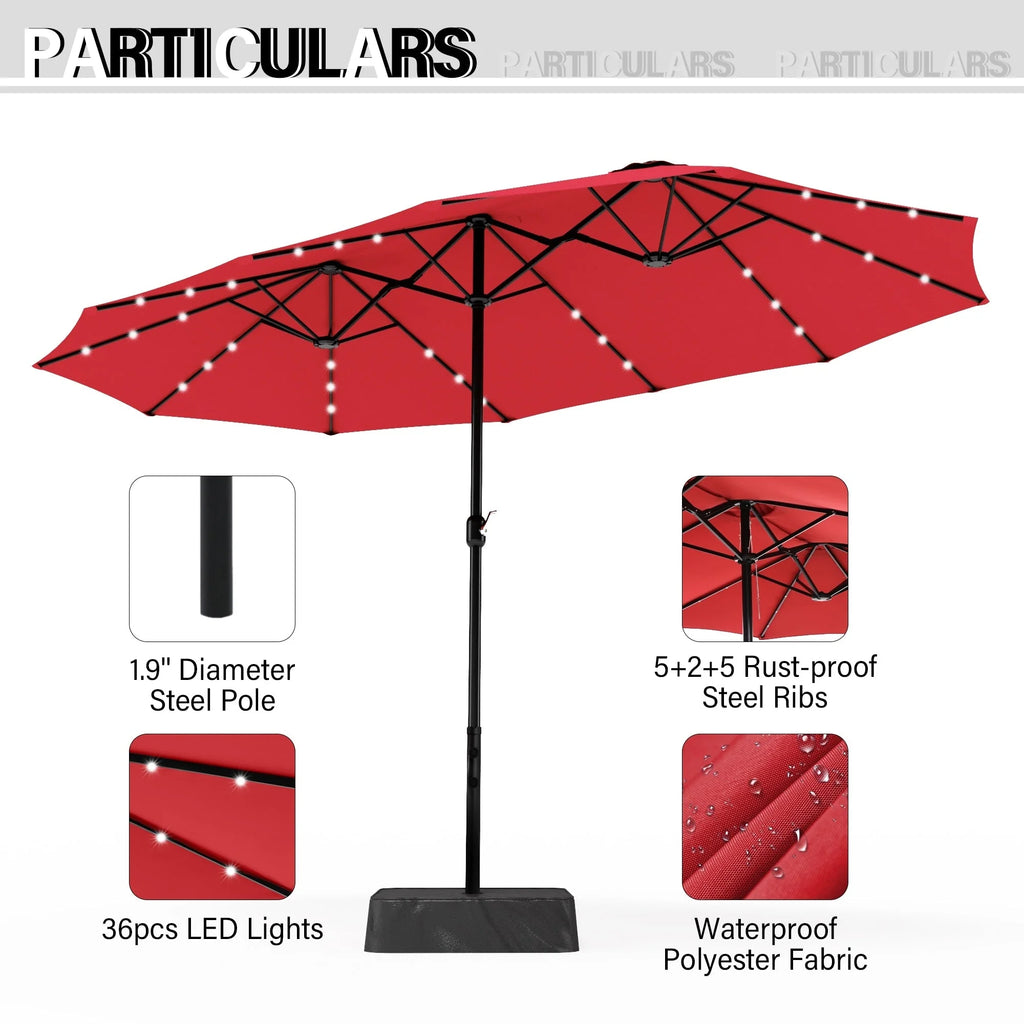 MAISON ARTS Parasol de marché extérieur rectangulaire de 4,5 m avec manivelle, double face, lumières LED solaires et base incluse