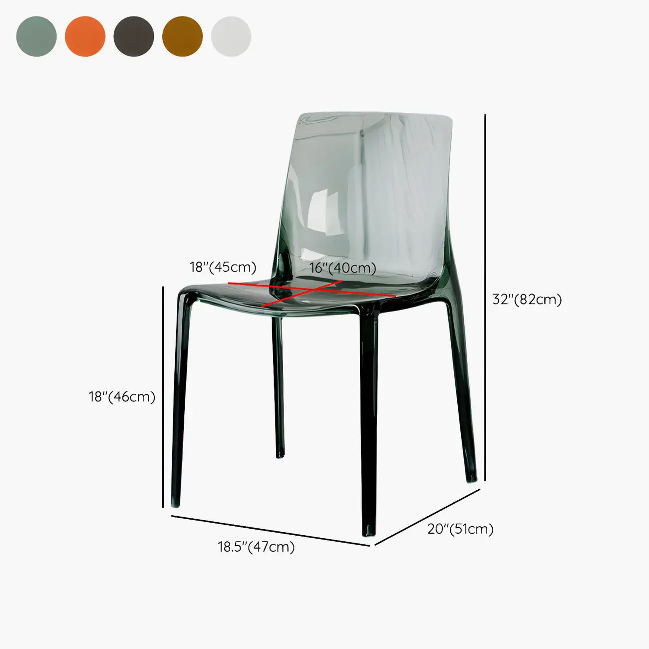 Chaise de salle à manger en acrylique ambré sans accoudoirs et à dossier bas
