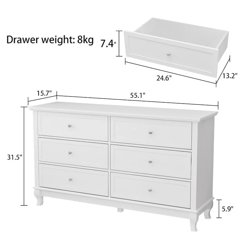 Commode de chambre à coucher avec tiroirs profonds en bois, commode double à 6 tiroirs