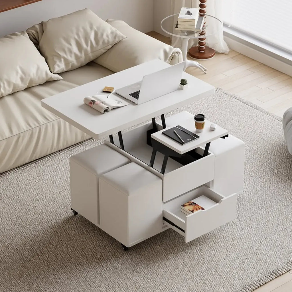Table basse relevable et pliable avec 4 tabourets et rangement