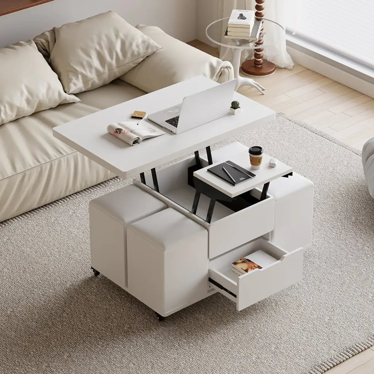 Table basse relevable et pliable avec 4 tabourets et rangement