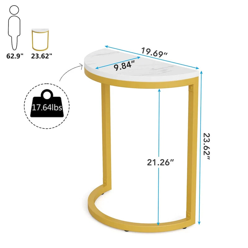 Table d'appoint demi-ronde, table d'appoint étroite en C mince avec cadre en métal