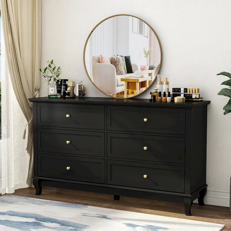 Commode de chambre à coucher avec tiroirs profonds en bois, commode double à 6 tiroirs