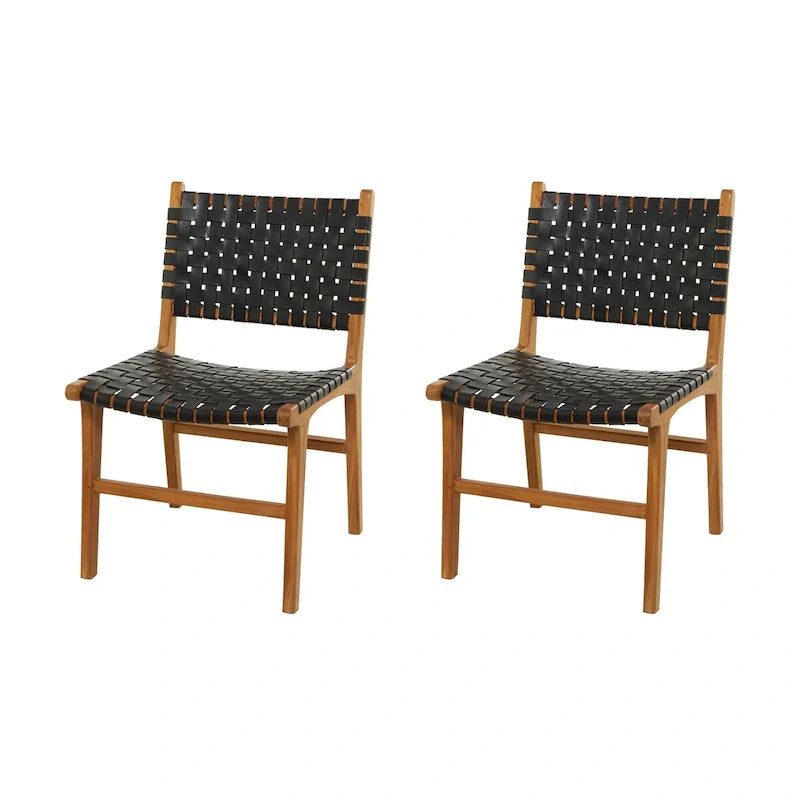Chaises de salle à manger tressées faites à la main en cuir avec cadre en bois de teck - Lot de 2 Marron, Blanc ou Noir - Roche River Decor