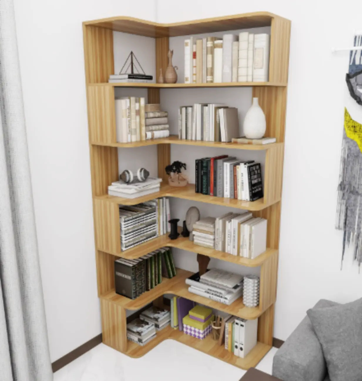 Étagère d'angle en bois manufacturé avec 6 tablettes