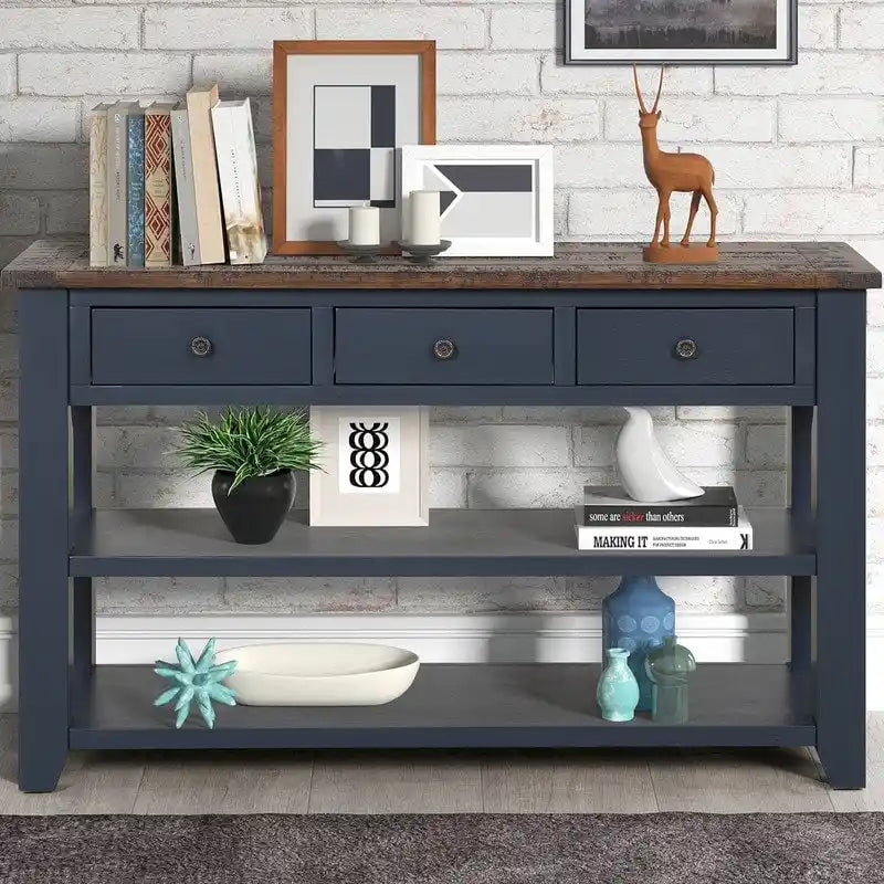 Console en bois avec 3 tiroirs de rangement et 2 étagères