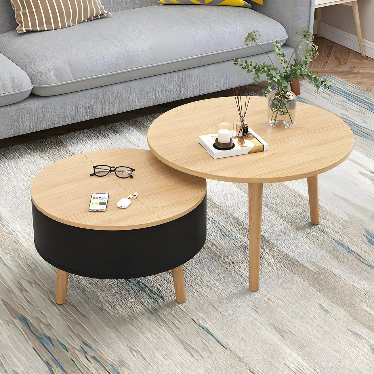 Table basse ronde en bois noir et blanc moderne avec rangement