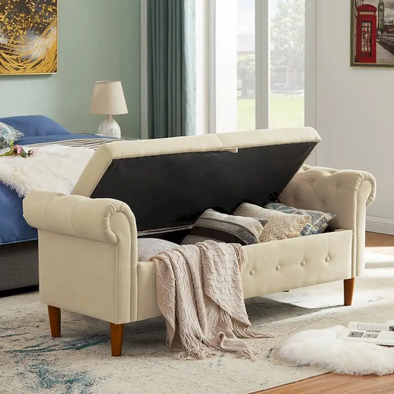 Banc de rangement pour chambre, bout de lit, accoudoirs roulés, canapé ottoman en velours, long banc