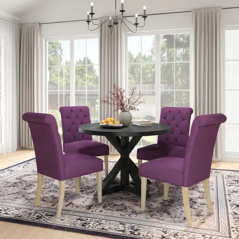 Ensemble de salle à manger 5 pièces, ensemble de meubles de cuisine en bois, table ronde avec piètement central en croix et 4 chaises capitonnées