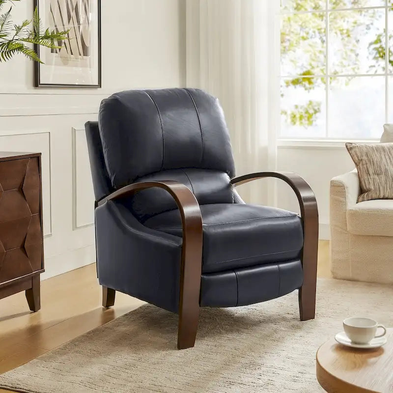 Fauteuil inclinable manuel Alex Mid-century Modern Cigar en cuir véritable avec accoudoirs incurvés en bois