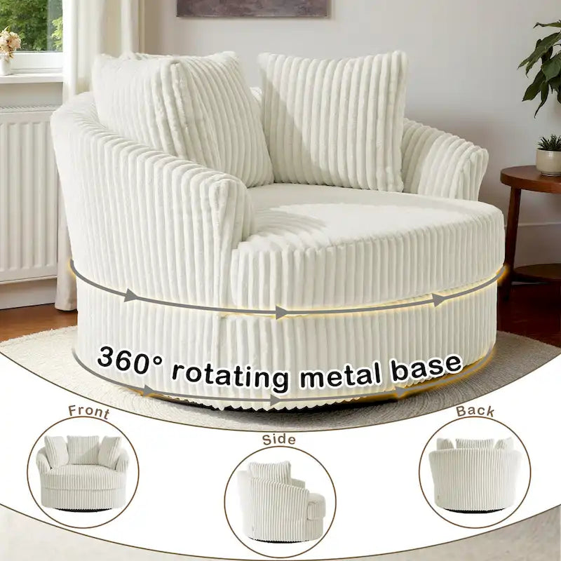Lot de 2 fauteuils pivotants ronds surdimensionnés en velours côtelé moelleux de 43 po avec oreillers