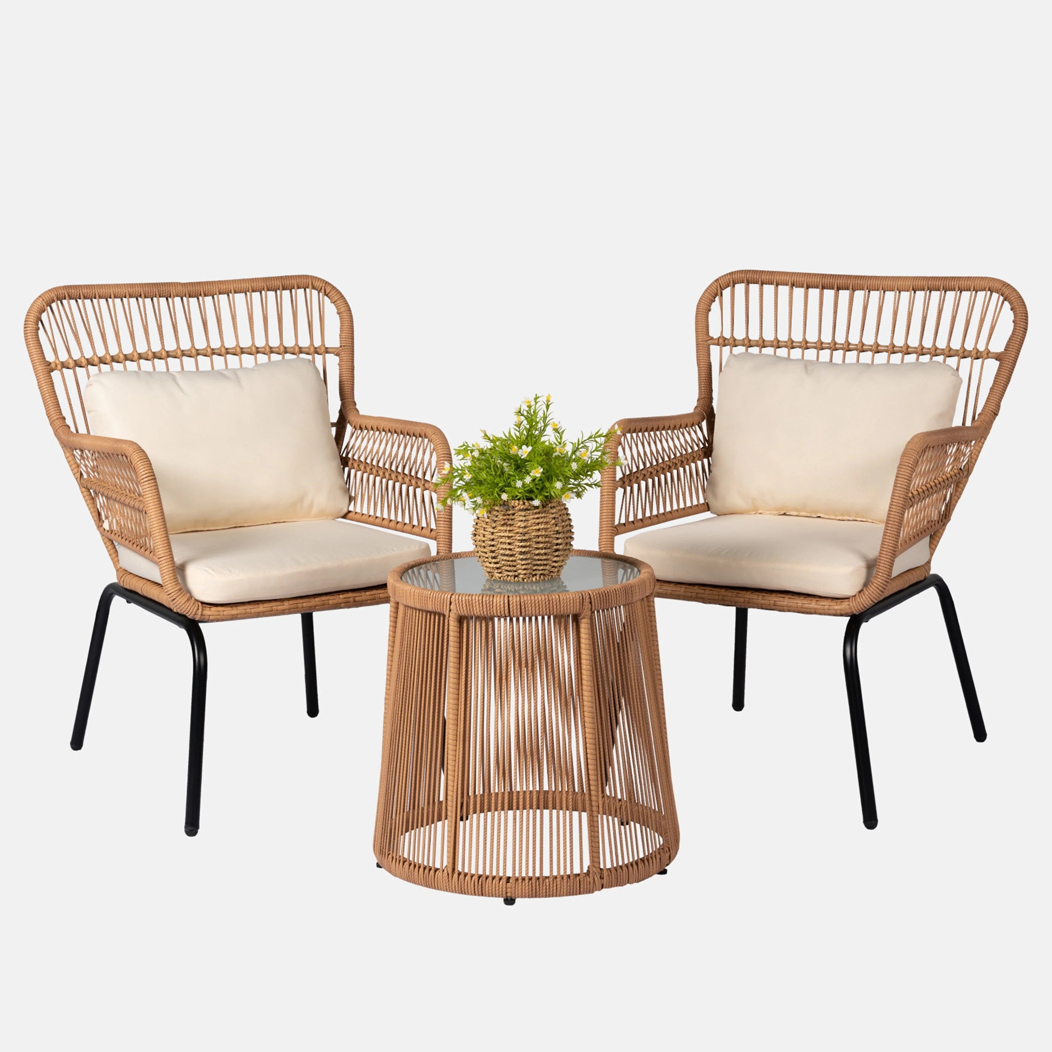Ensemble bistrot 3 pièces d'extérieur en osier, meubles de terrasse en rotin résistant aux intempéries avec coussins