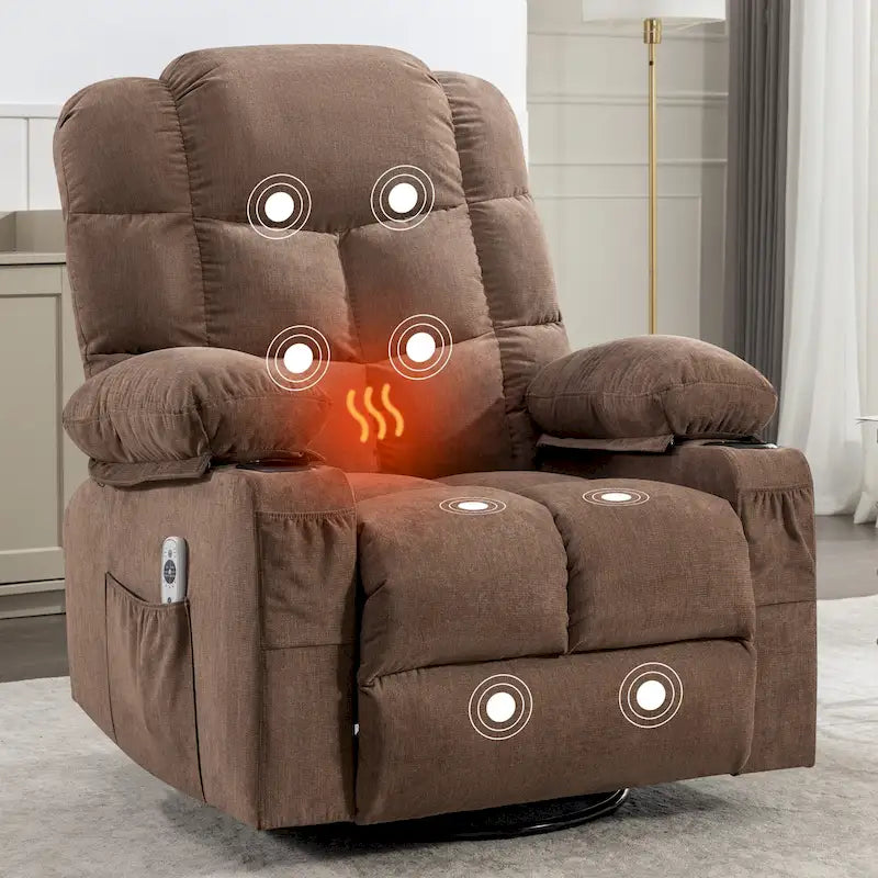 Fauteuil inclinable gris surdimensionné avec fonctions de chauffage et de massage, inclinaison à 150°, bascule à 30°, port USB pour la recharge et 2 porte-gobelets