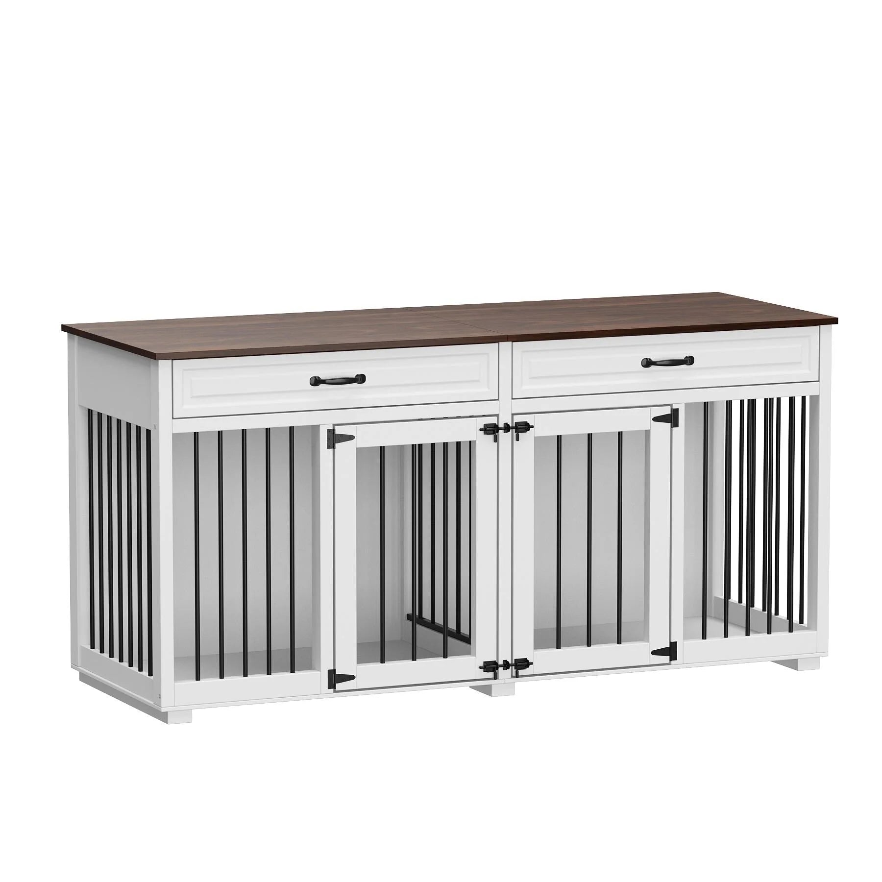 Meuble Niche Double pour Chiens en Bois avec 2 Tiroirs et Séparateur