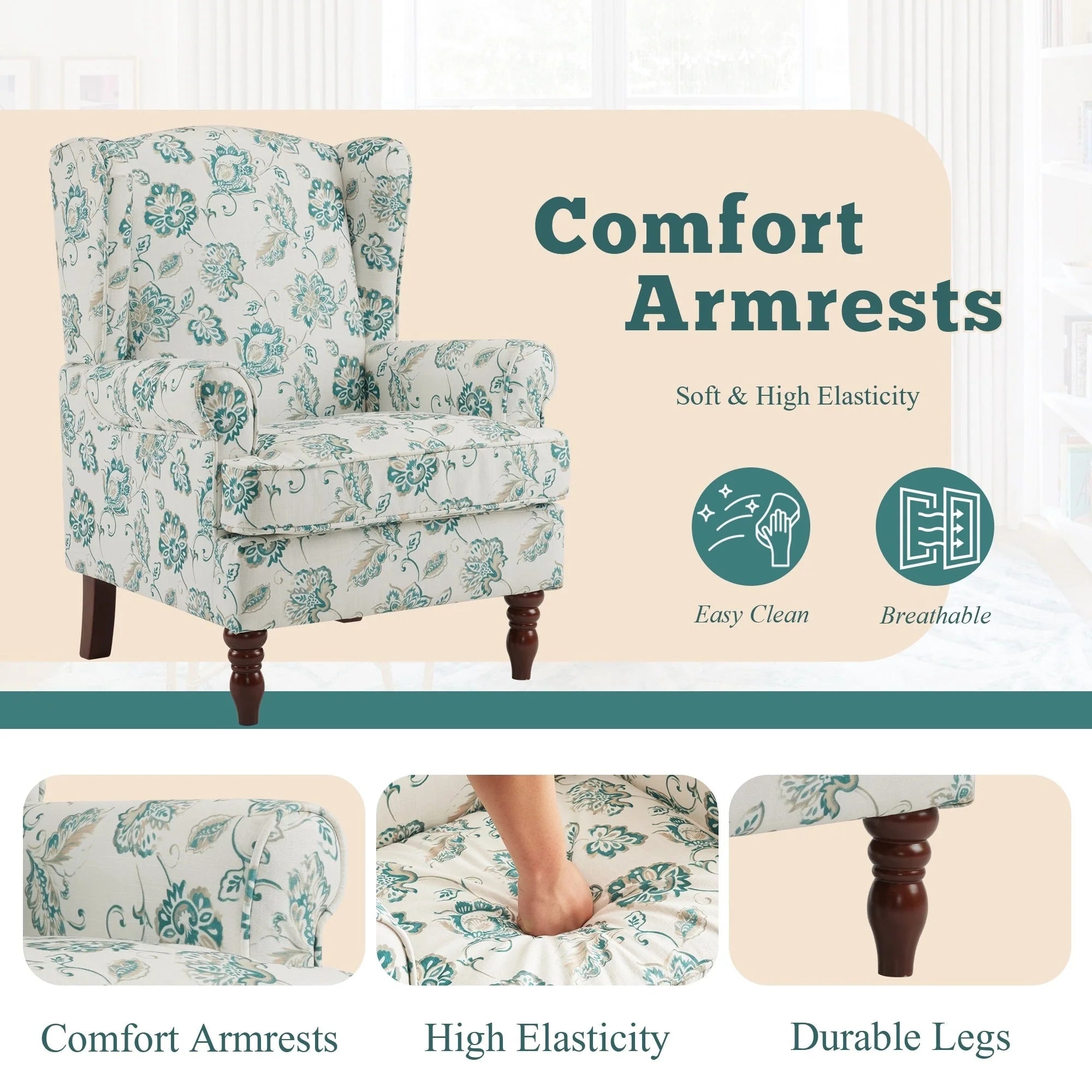 Fauteuil d'appoint moderne Erommy, fauteuil à dossier haut, canapé individuel en tissu capitonné avec pieds en bois pour salon