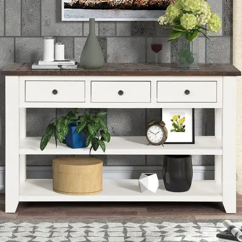 Console en bois avec 3 tiroirs de rangement et 2 étagères
