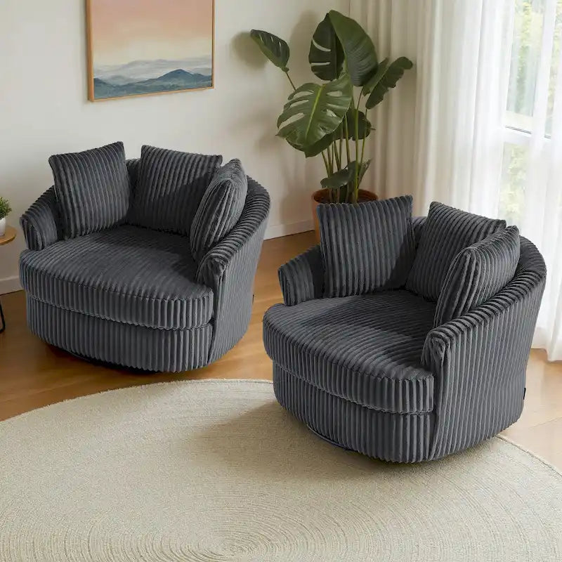 Lot de 2 fauteuils pivotants ronds surdimensionnés en velours côtelé moelleux de 43 po avec oreillers