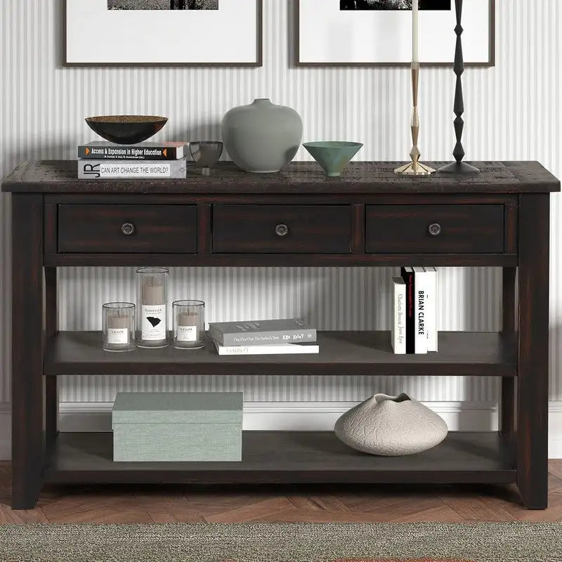 Console en bois avec 3 tiroirs de rangement et 2 étagères