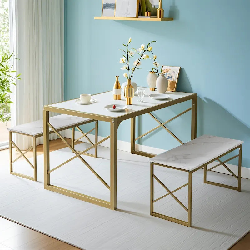 Table à manger 3 pièces VECELO avec banc, ensemble de table de salle à manger pour 4-6 personnes, table de cuisine avec 2 bancs, ensemble de table à manger