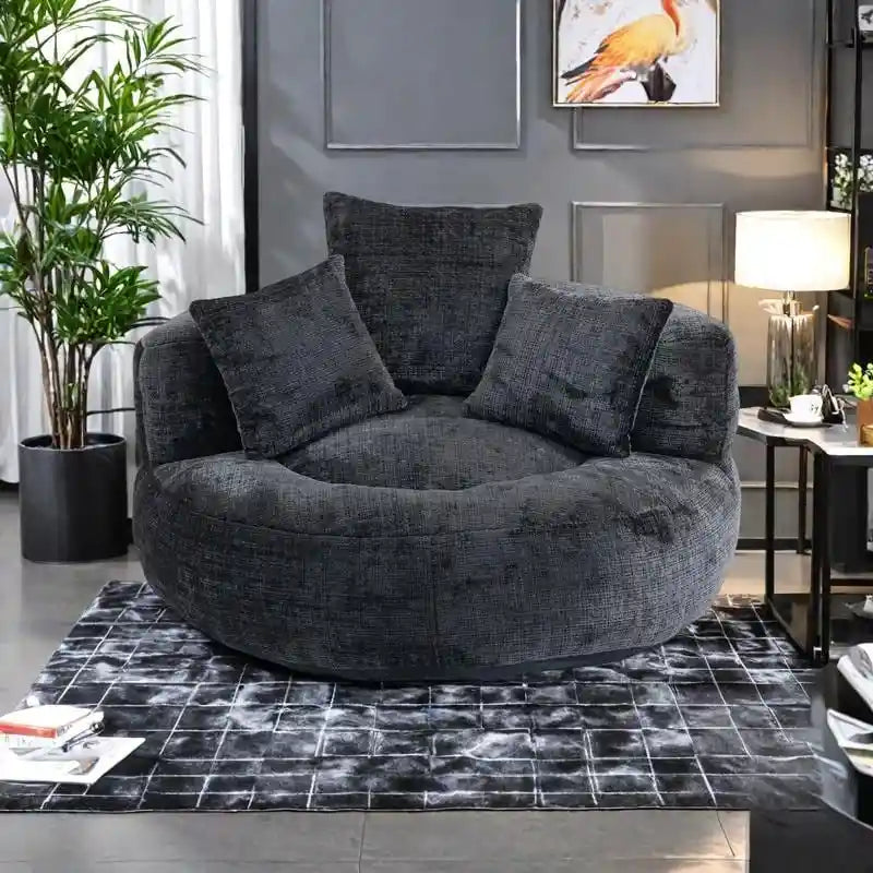 Canapé paresseux à dossier haut en chenille avec 3 oreillers et pouf géant