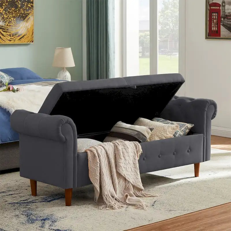 Banc de rangement pour chambre, bout de lit, accoudoirs roulés, canapé ottoman en velours, long banc