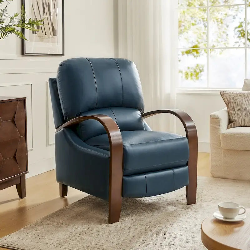 Fauteuil inclinable manuel Alex Mid-century Modern Cigar en cuir véritable avec accoudoirs incurvés en bois