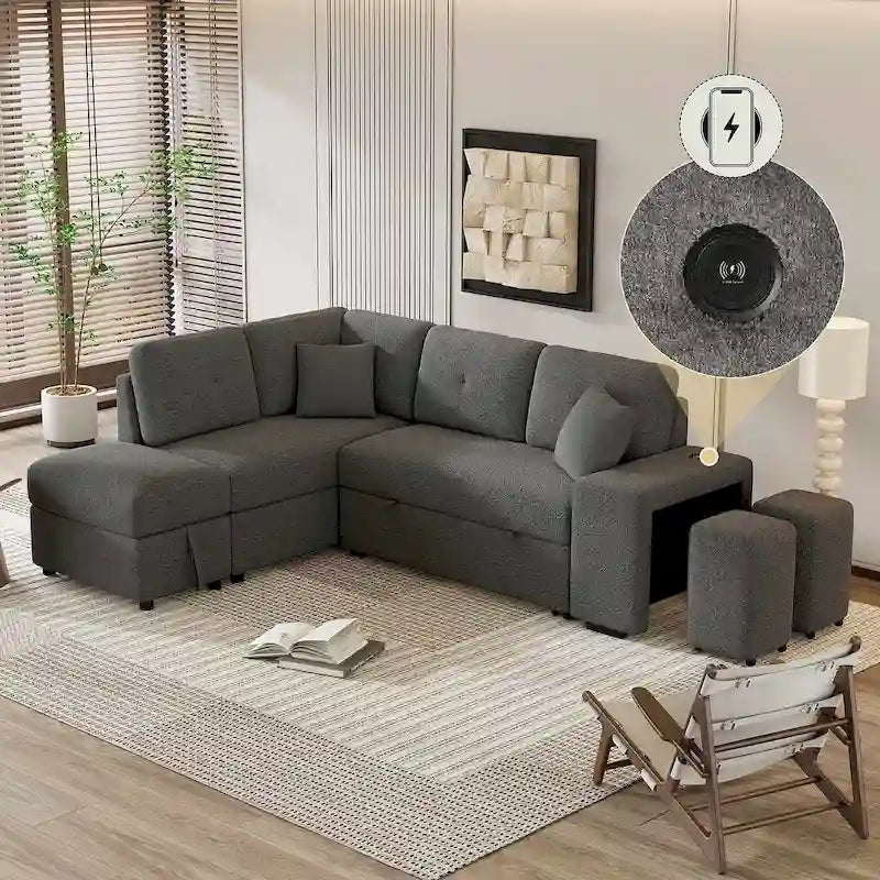 Canapé d'angle convertible avec pouf de rangement, canapé-lit pour salon