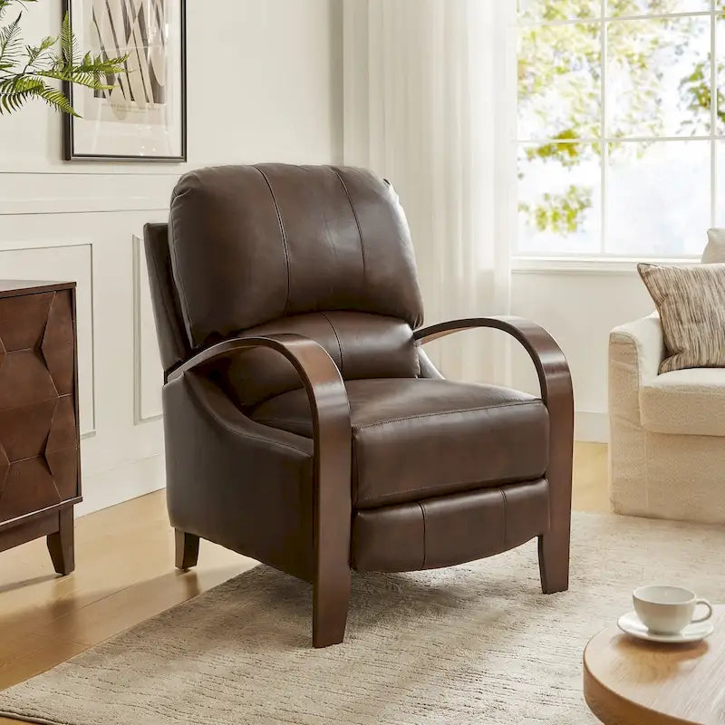 Fauteuil inclinable manuel Alex Mid-century Modern Cigar en cuir véritable avec accoudoirs incurvés en bois