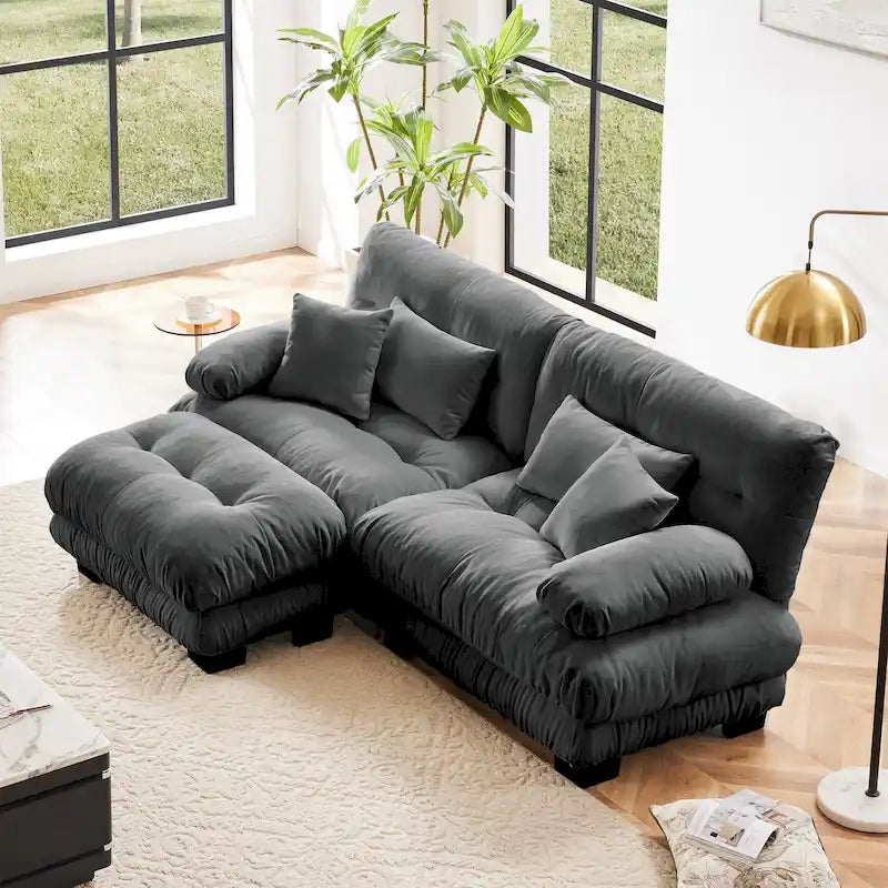 Canapé d'angle en forme de L en chenille avec coussins lombaires