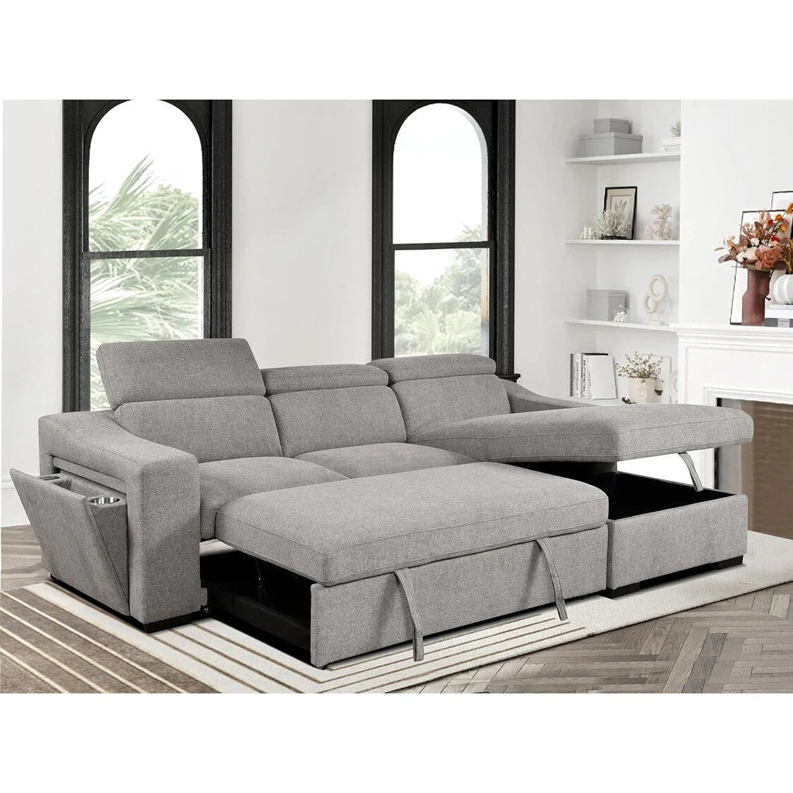 Canapé d'angle convertible Roomfitters 103 avec méridienne de rangement, appuie-tête réglables, en forme de L