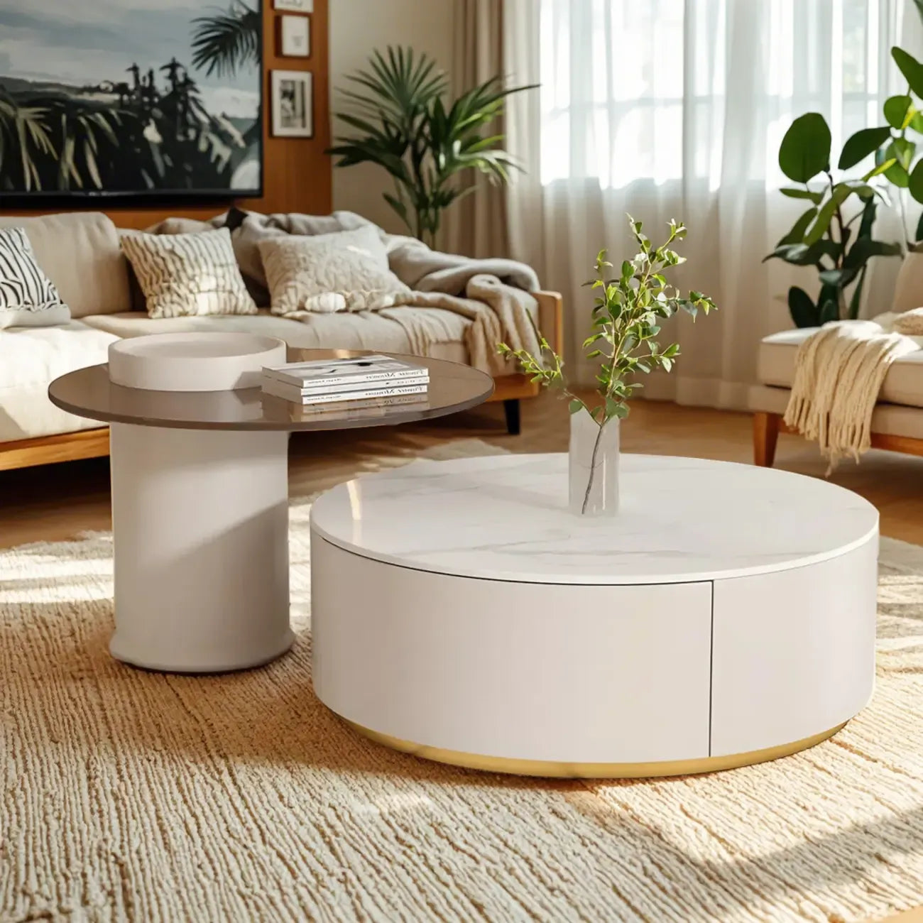 Table basse ronde moderne blanche avec tiroir en bois