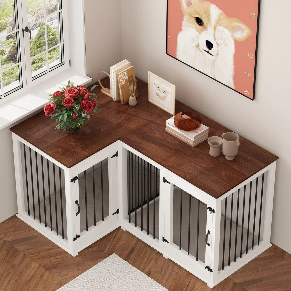 Meuble Grande Cage d'Angle pour 2 Chiens, Cage en Forme de L - 58,7X41,1