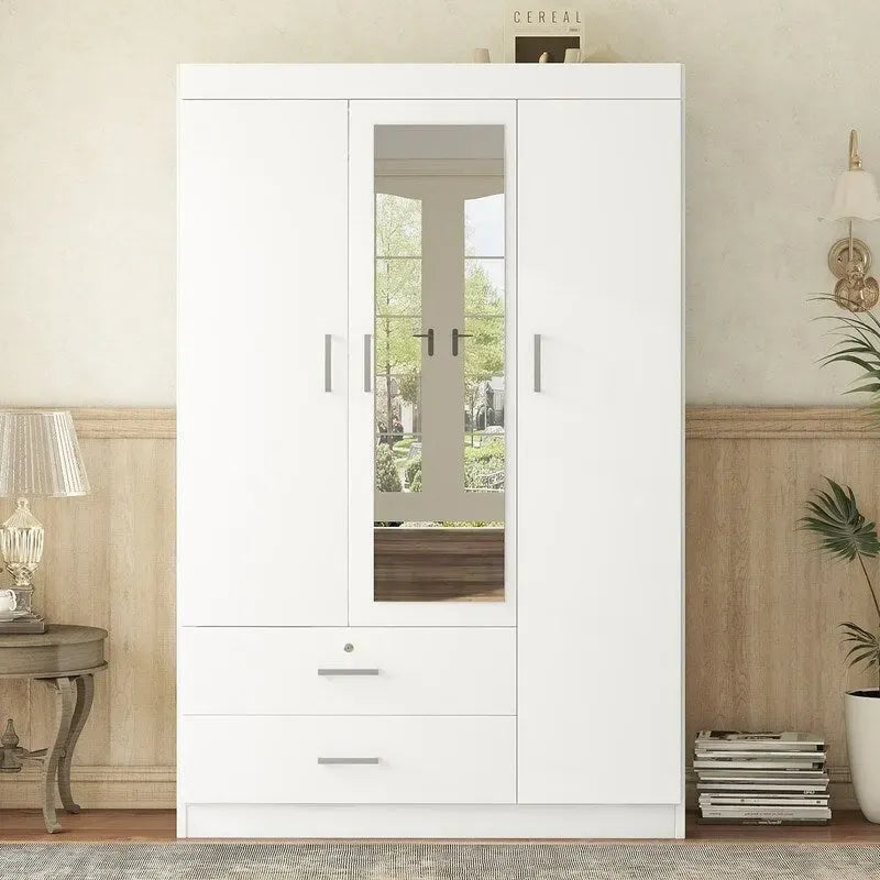 Armoire-penderie 3 portes avec miroir, étagères et 2 tiroirs