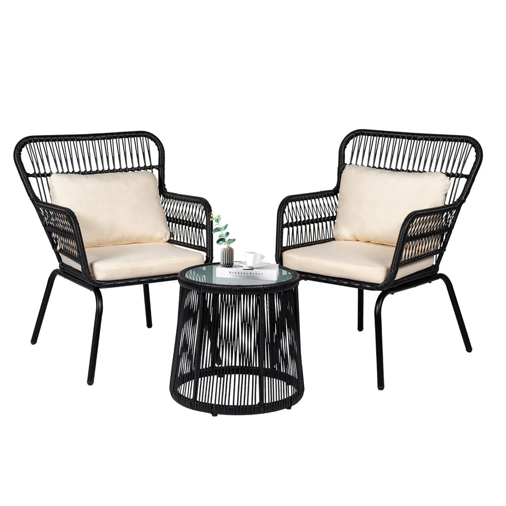Ensemble bistrot 3 pièces d'extérieur en osier, meubles de terrasse en rotin résistant aux intempéries avec coussins