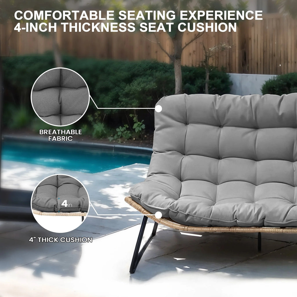 Fauteuil Double Papasan avec Coussin, en Rotin PE Résistant aux Intempéries et Cadre en Métal pour Intérieur et Extérieur