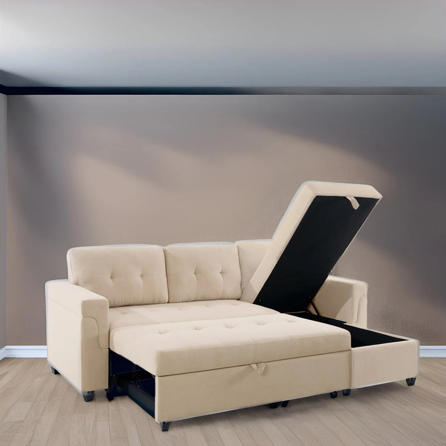 Canapé d'angle réversible convertible avec lit gigogne, méridienne avec rangement dissimulé et pieds durables