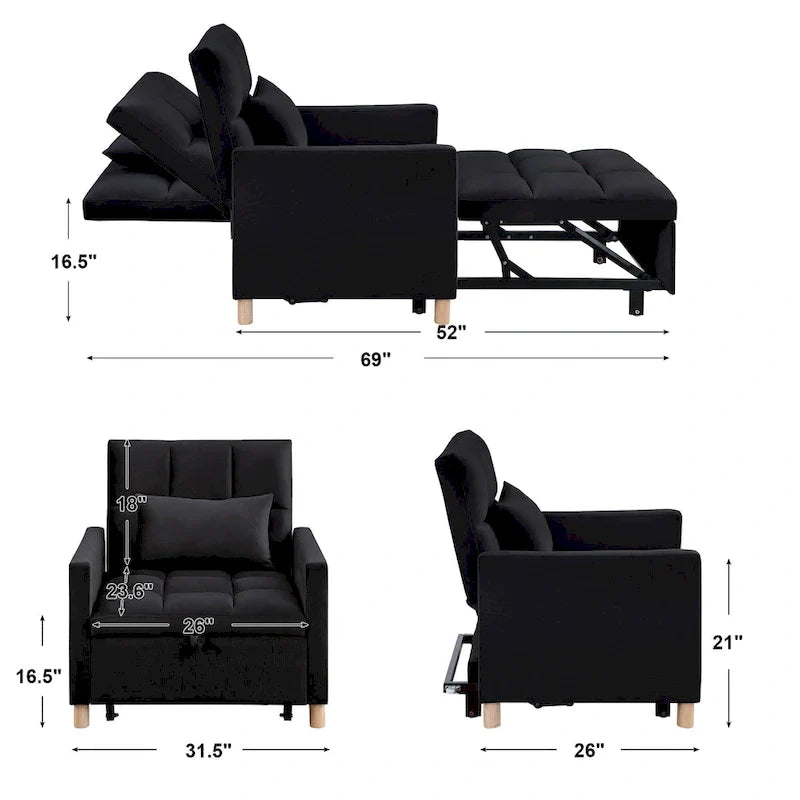 Chaise longue convertible 3-en-1 en lit, noir