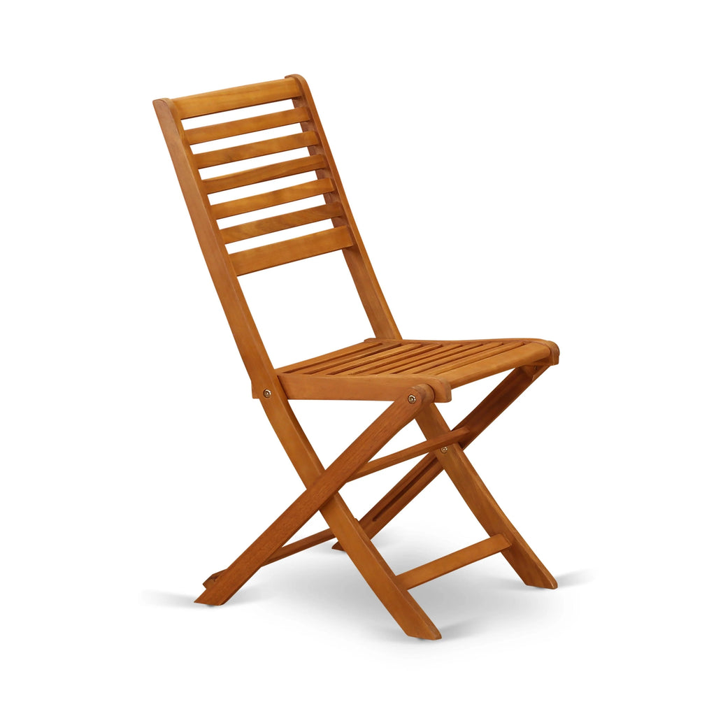 East West Furniture Ensemble Bistro de Conversation d'Extérieur avec Table Basse Ronde en Bois et 2 Chaises Pliantes, Huile Naturelle