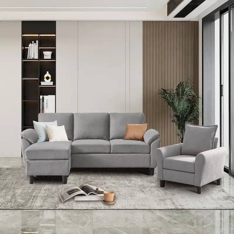 Canapé d'angle 3 places avec fauteuil et pouf pour salon